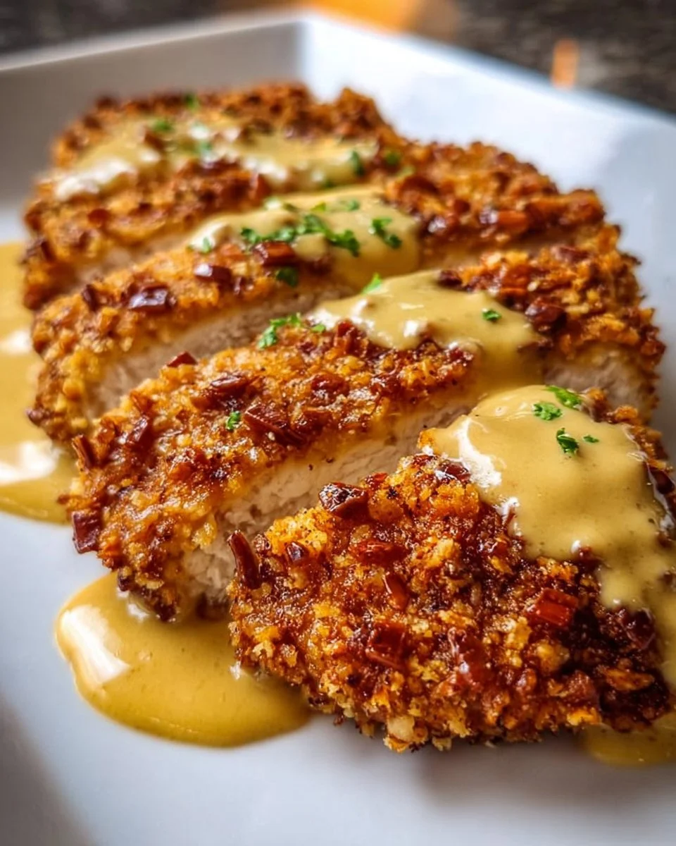 Brezelkrusten-Hühnchen mit Senf-Cheddar-Sauce