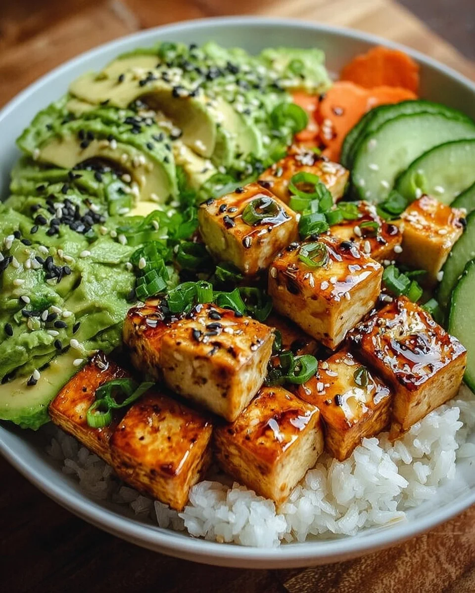 Cremige Avocado-Tofu-Reis-Bowl