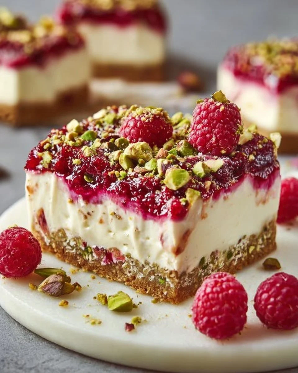 Cremiger Käsekuchen mit fruchtigen Himbeeren und einem knusprigen Pistazienboden
