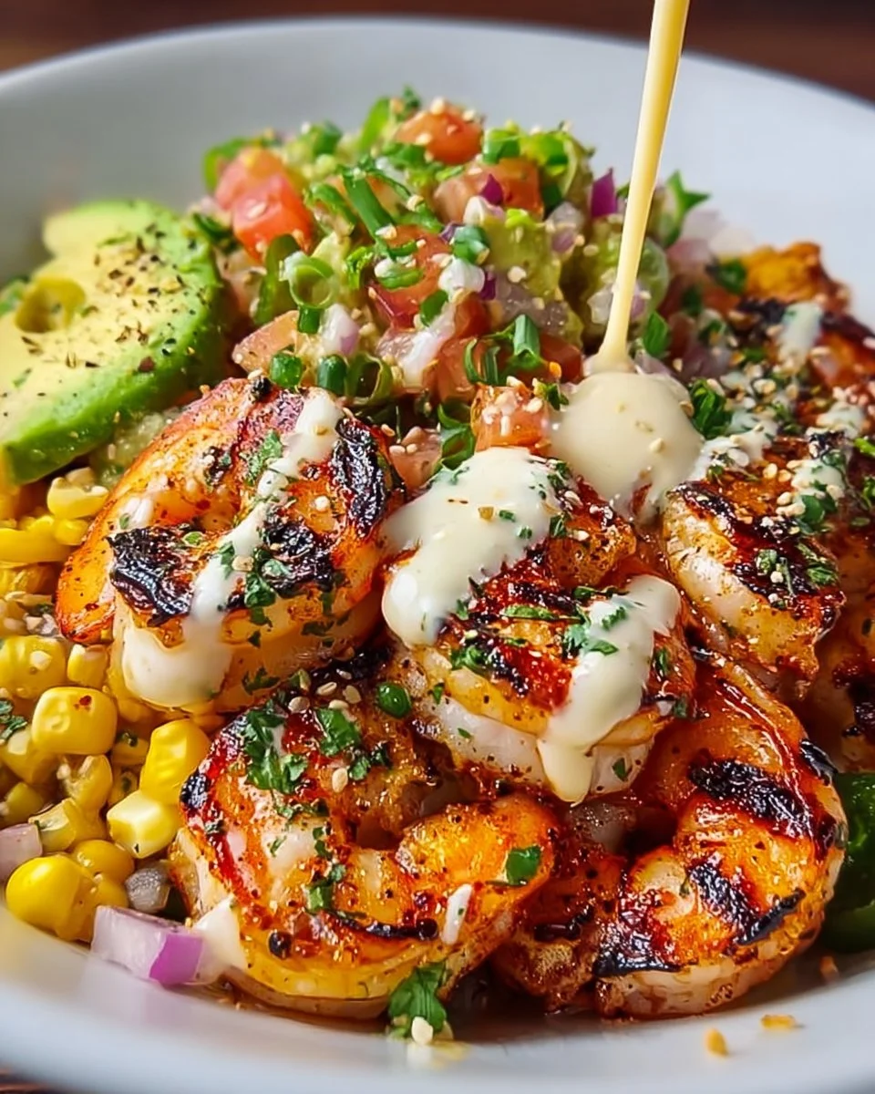Gegrillte Garnelen-Schüssel mit Avocado, Mais-Salsa und cremiger Knoblauchsoße
