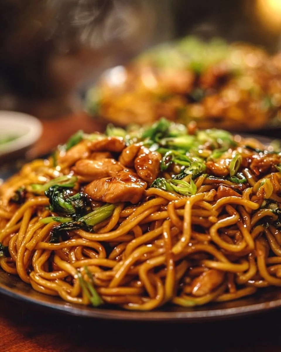 Klebrige Knoblauch-Hühnchen-Nudeln