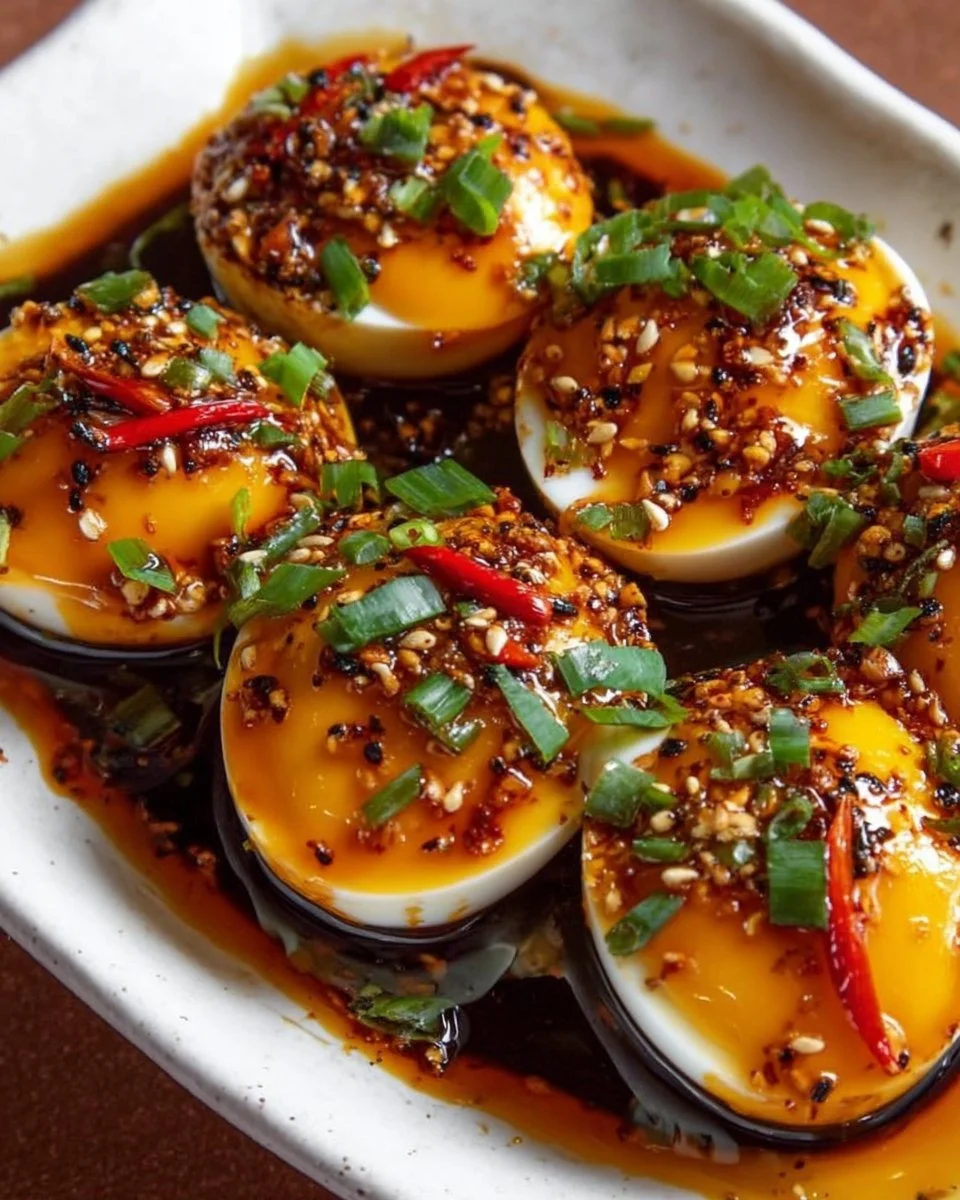 Koreanisch marinierte Eier in einer Schüssel, fertig zum Servieren.