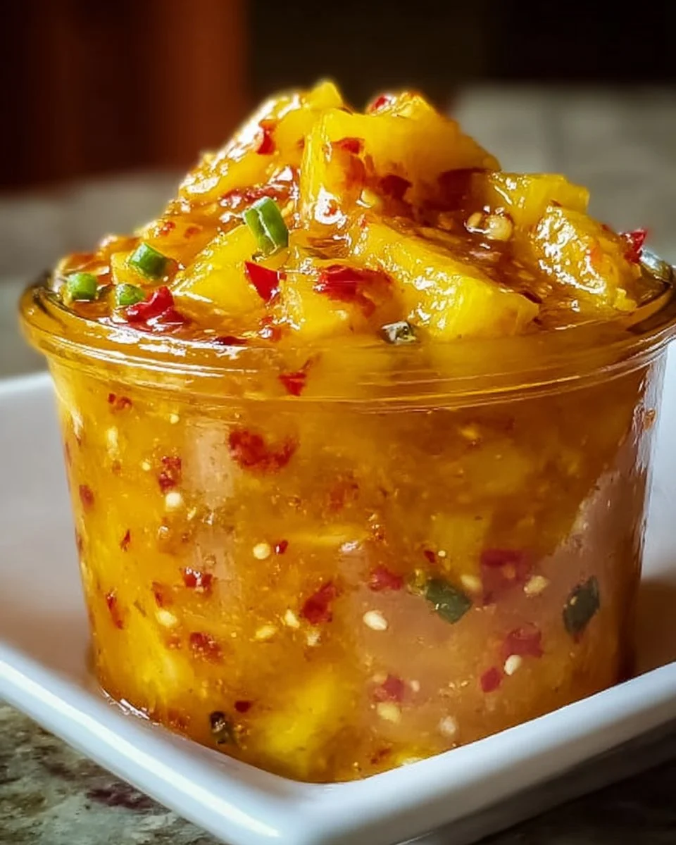Ananas-Habanero-Chilisauce in einem Glas, perfekt für scharfe Gerichte