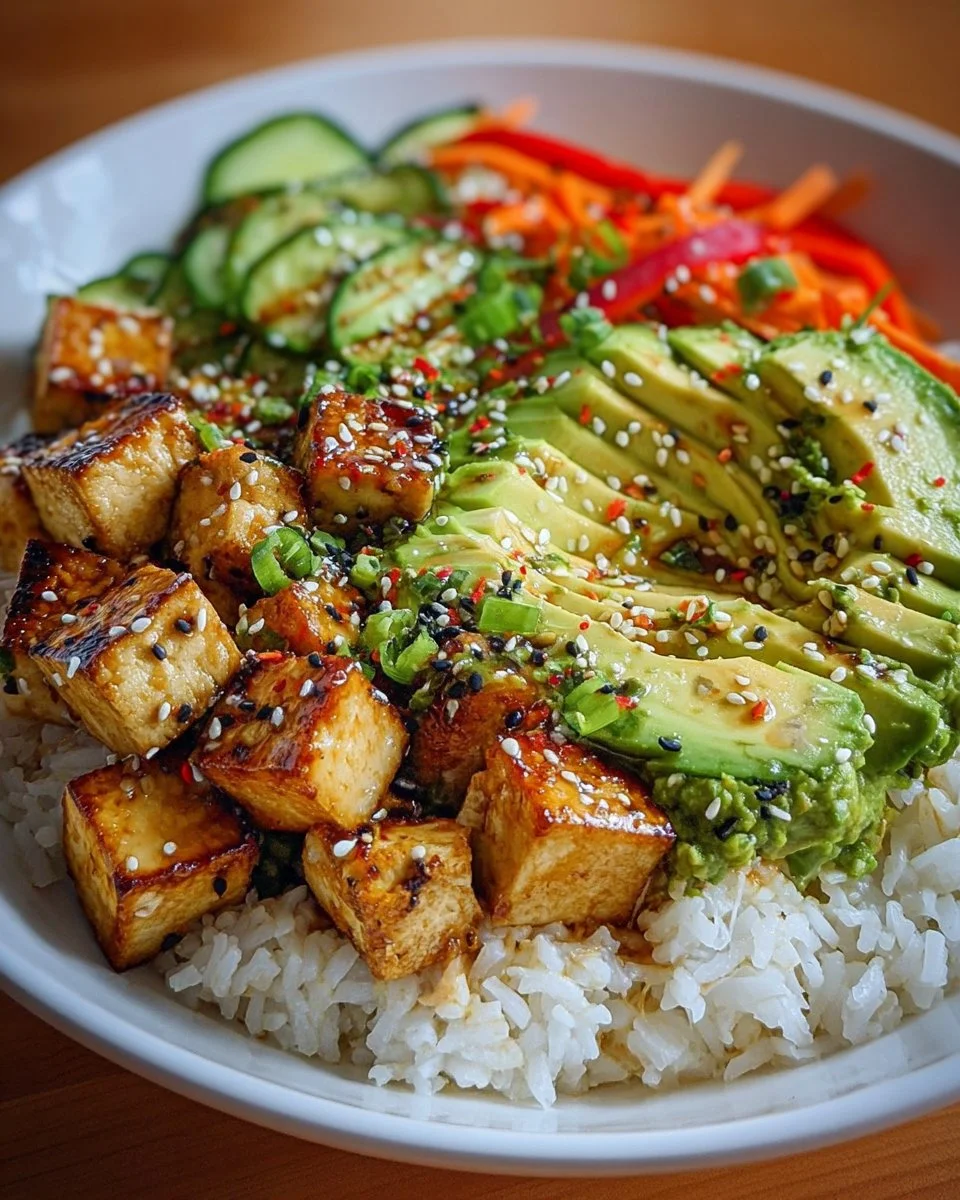 Cremige Avocado-Tofu-Reis-Bowl
