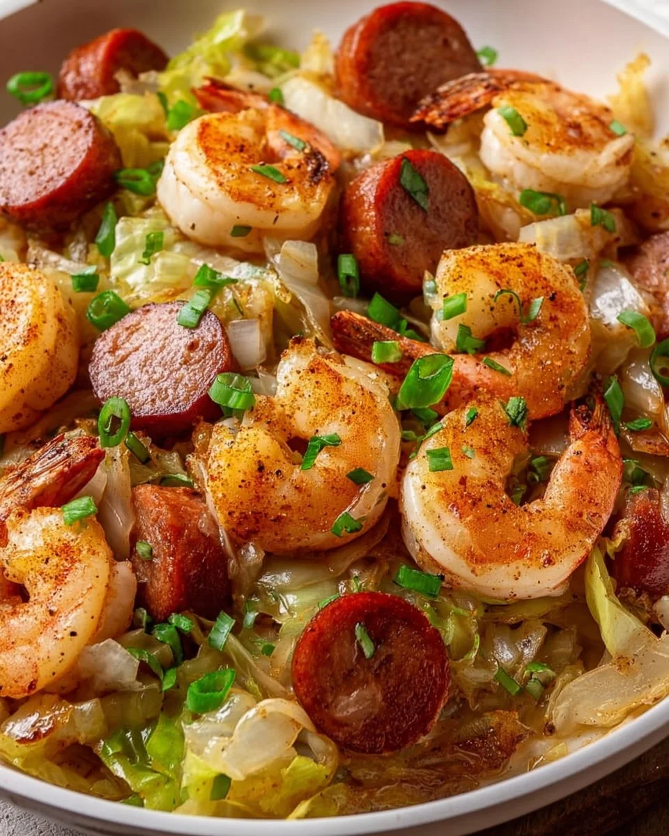 Garnelen-, Wurst- und Kohl-Pfannenrezept für ein einfaches Abendessen!