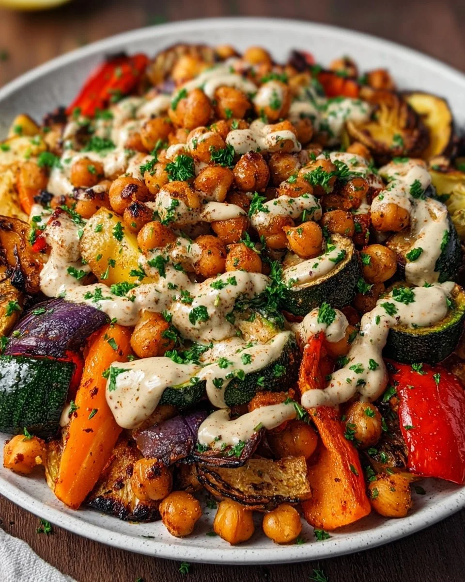 Geröstetes Gemüse mit Kichererbsen und Tahini-Dressing