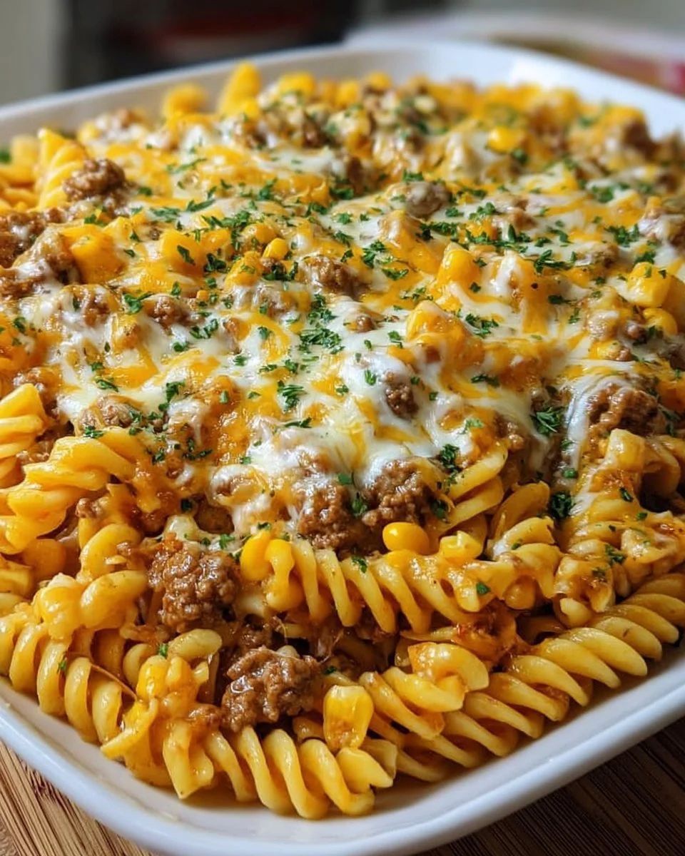 Käse-Ranch-Rotini-Auflauf mit Rindfleisch und süßen Maisschätzen!