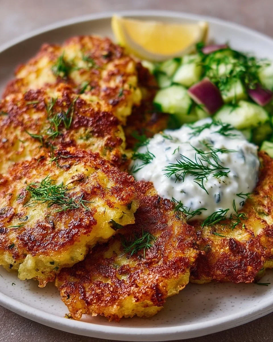 Knusprige Kartoffel-Feta-Puffer mit Joghurt-Gurken-Sauce