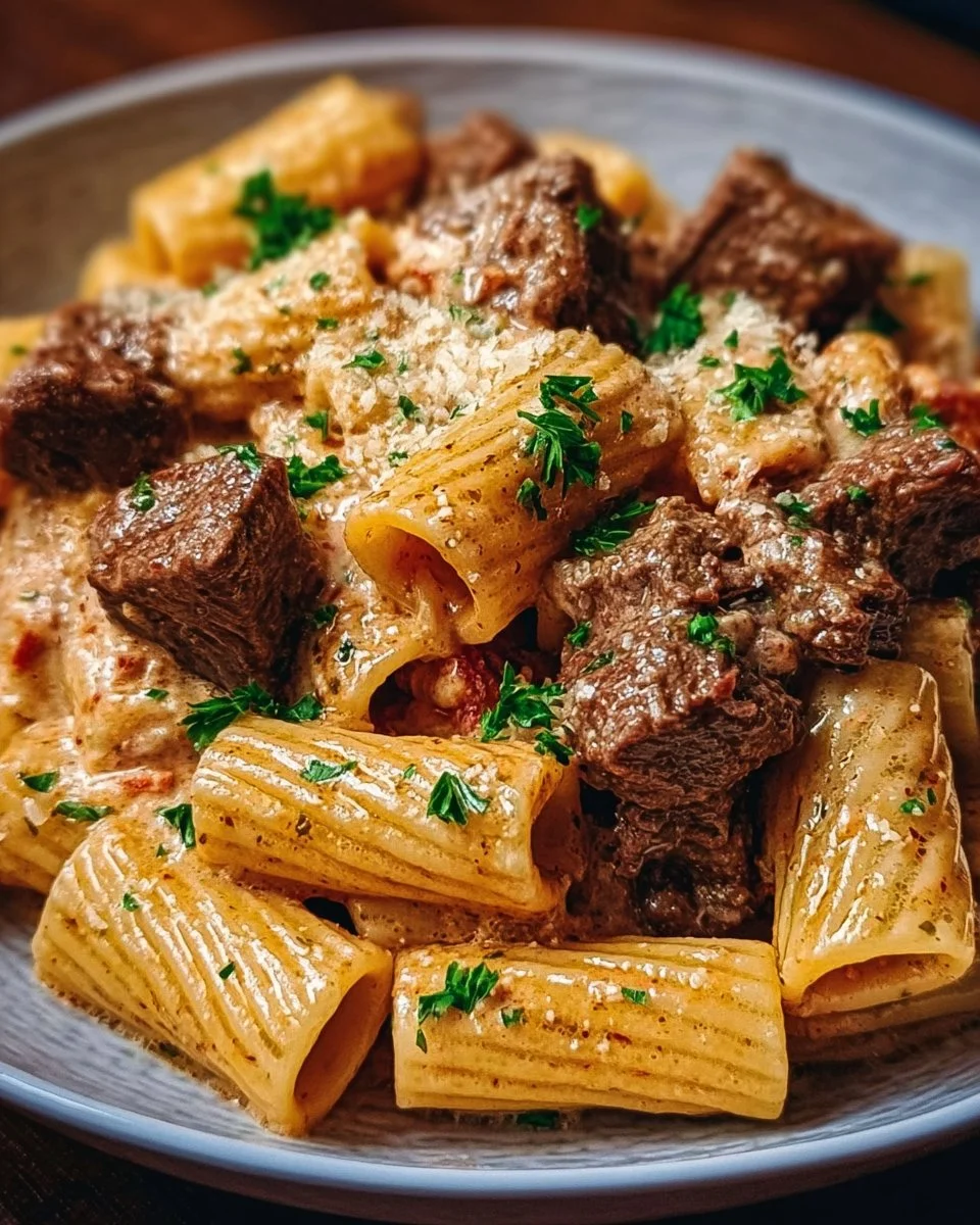 Rigatoni with tender beef in Parmesan sauce