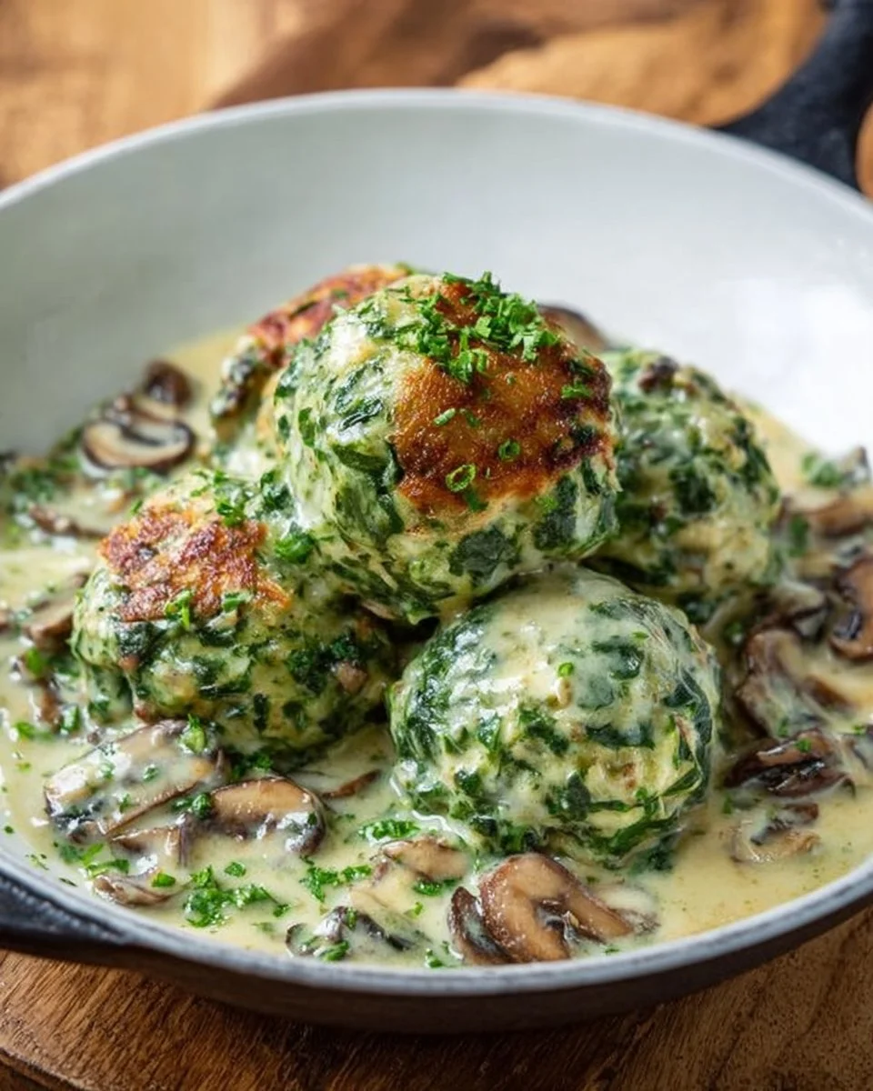 Spinatknödel mit Champignonsoße