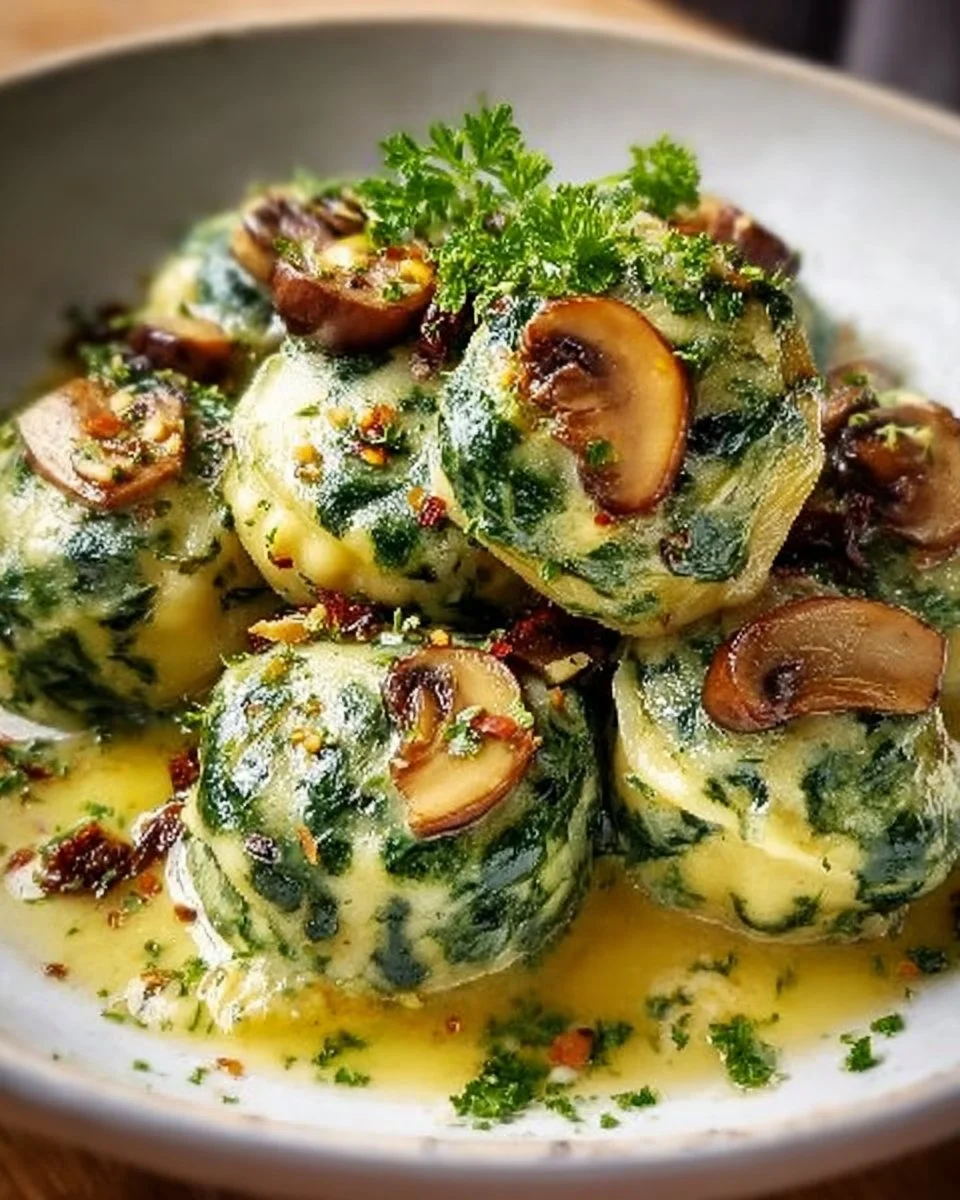 Spinatknödel mit Pilzragout