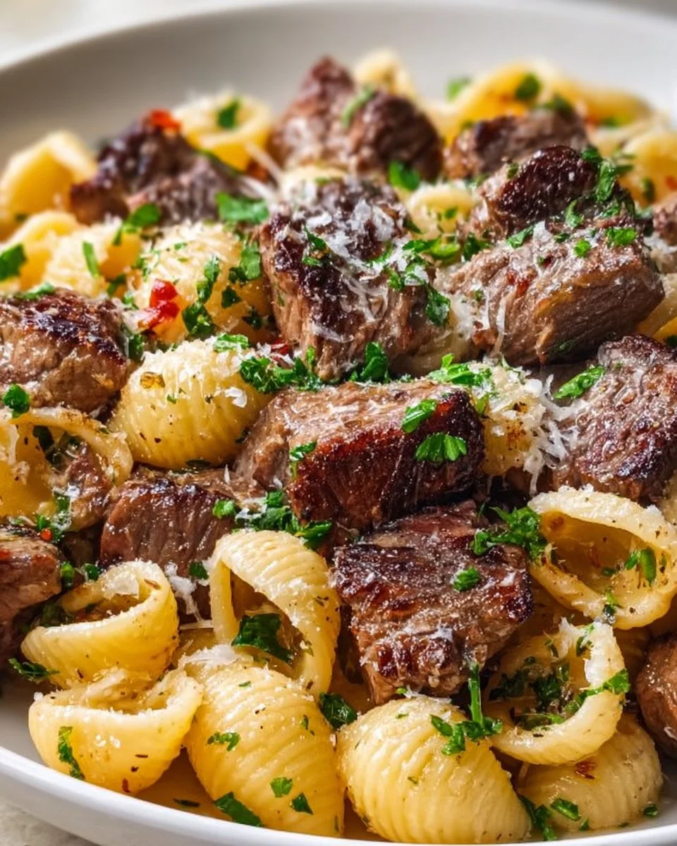 Steakbissen und Muschelpasta in Knoblauchbutter-Alfredo-Soße-Delight!