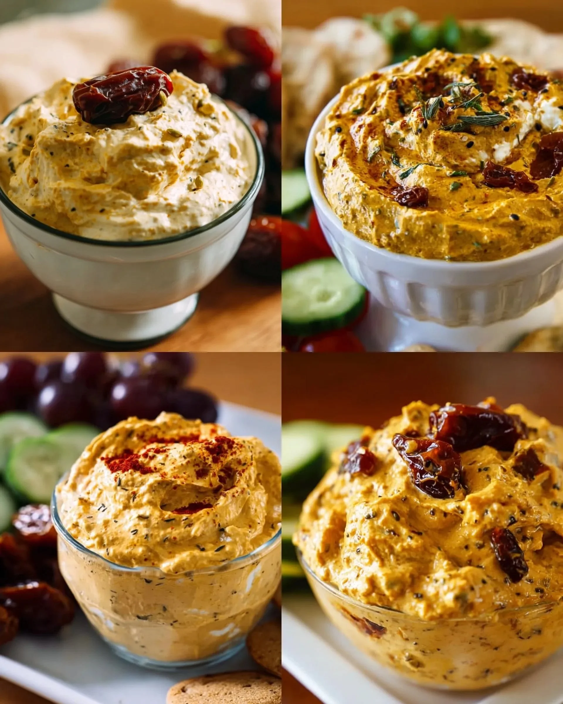 Curry-Date-Dip in einer Schüssel, serviert mit frischem Brot und Gemüse