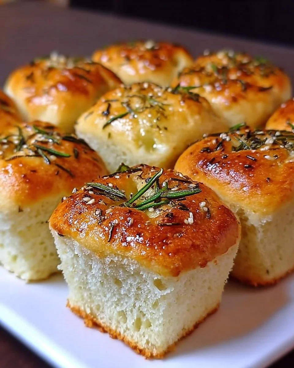 Knoblauch-Rosmarin-Focaccia-Muffins auf einem rustikalen Tisch