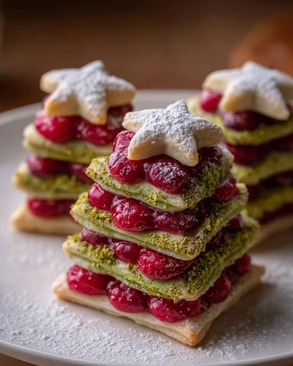 Pistachio Christmas Trees with Raspberry Filling