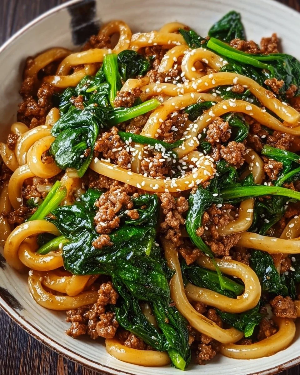 Udon-Nudeln mit Rinderhack und Spinat