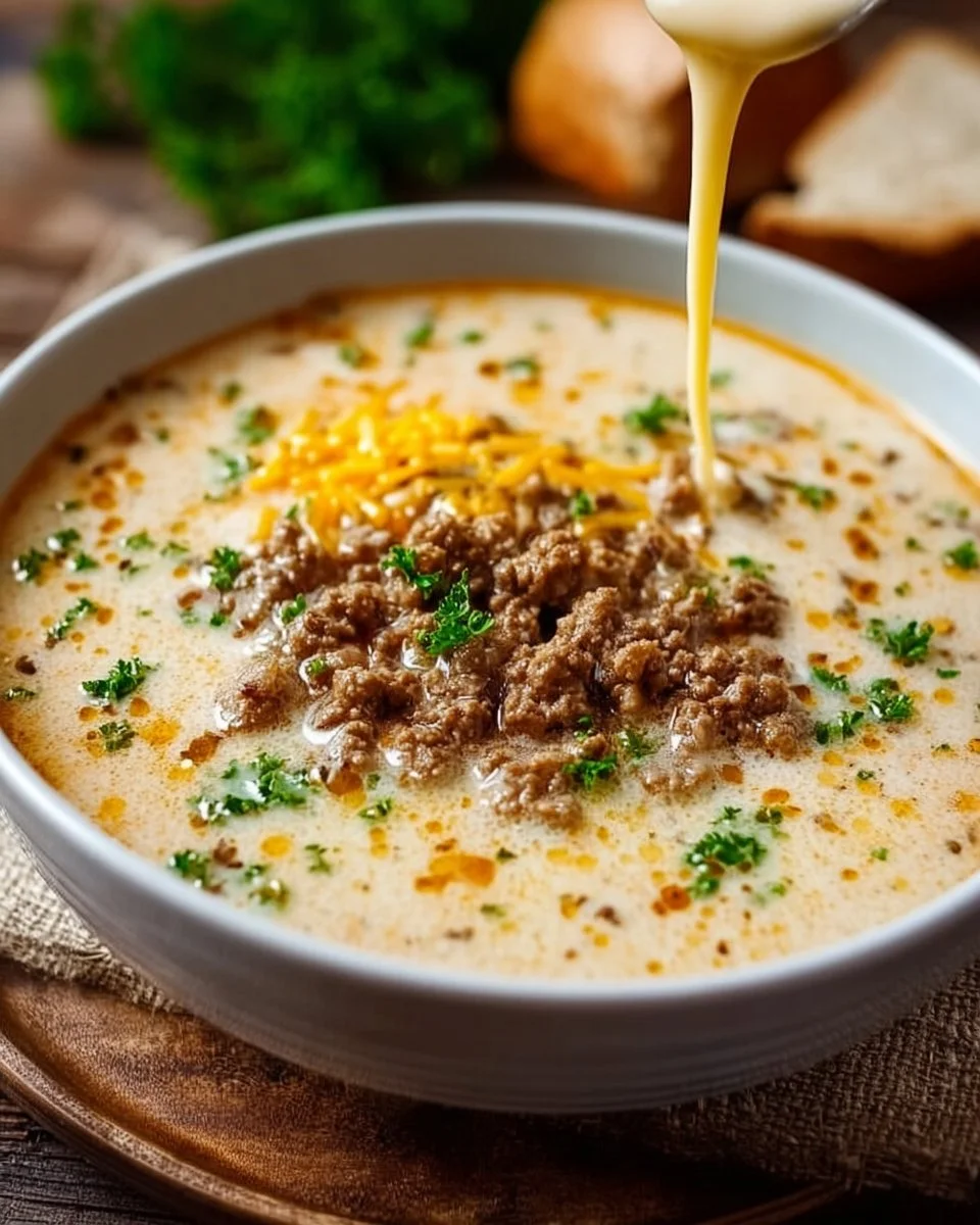 Warme Käsesuppe mit Hackfleisch