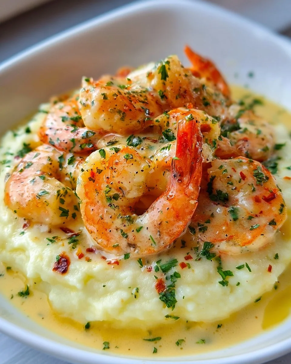 Cremige Knoblauch-Shrimps mit Kartoffelpüree