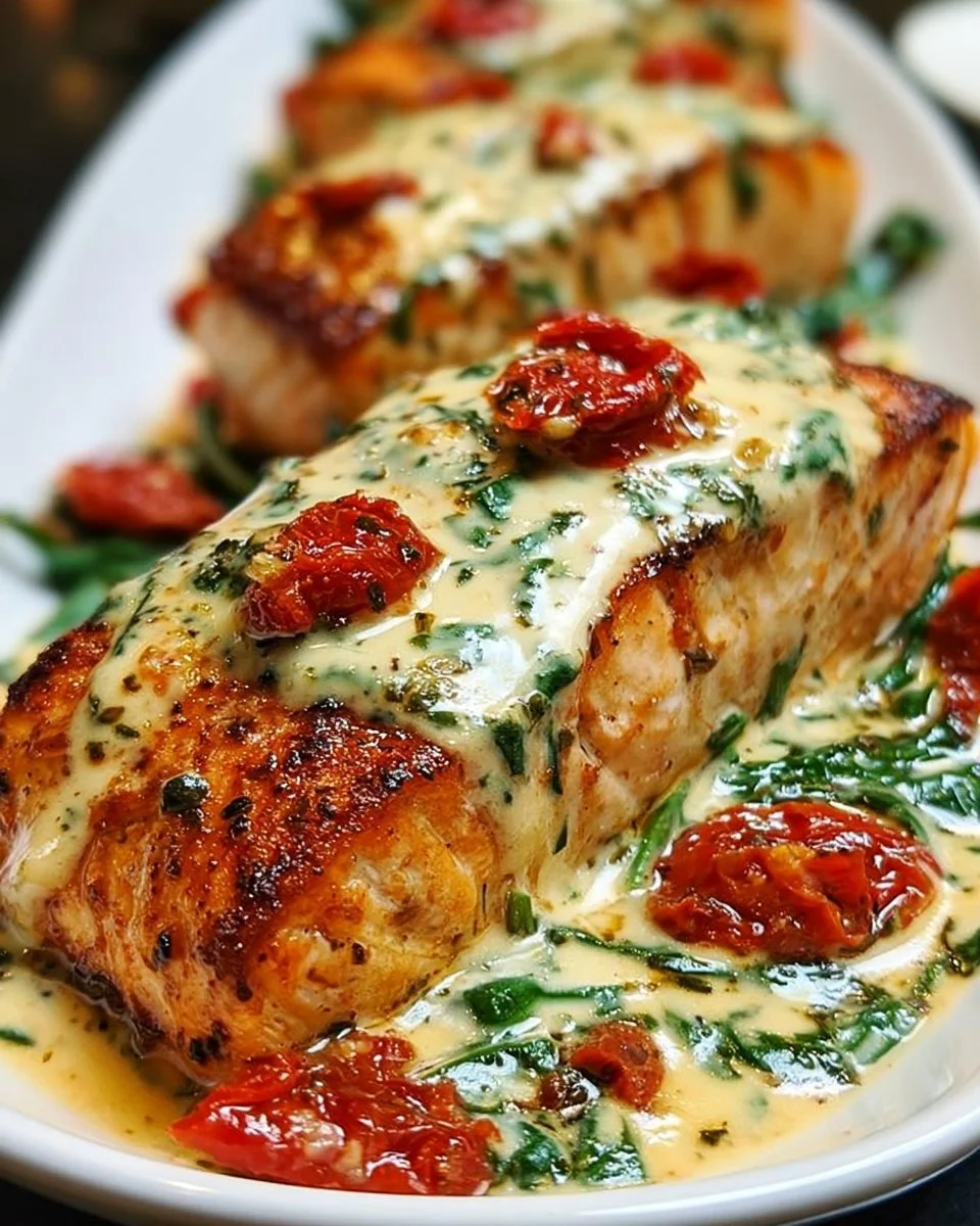 Gebratener Lachs mit Sahne und Spinat
