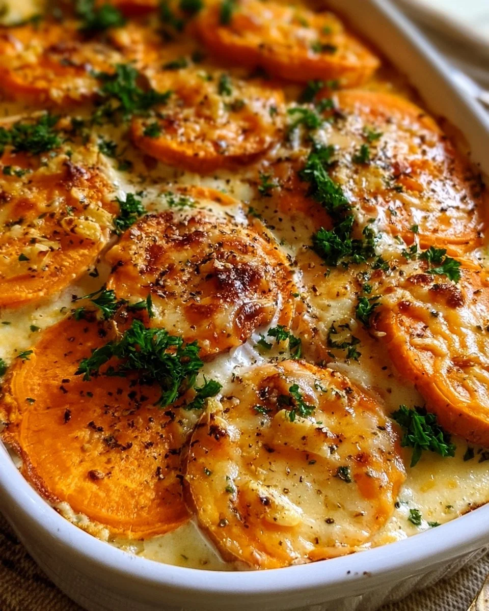 Knoblauch-Gratinierte Süßkartoffeln