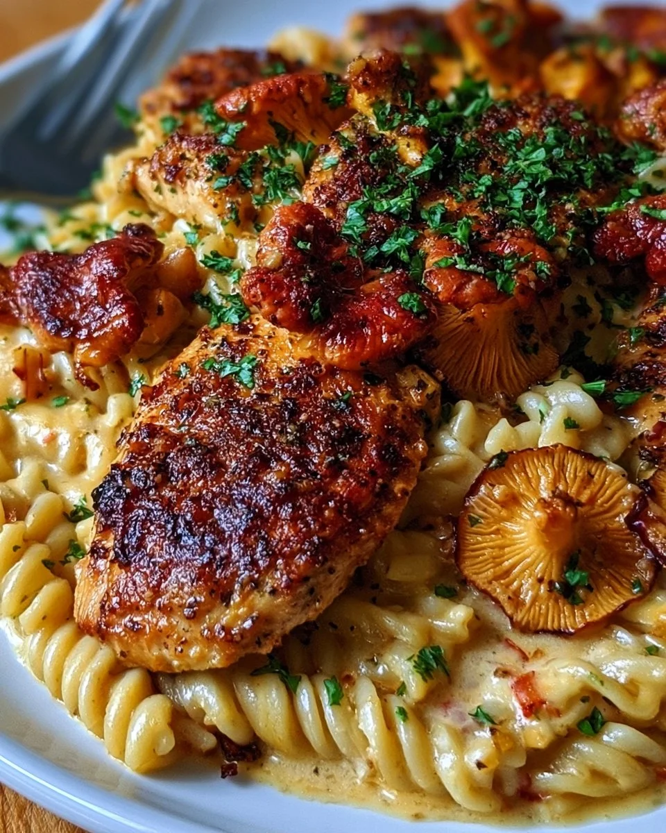 Knoblauchbutter-Hühnchen mit Fliegenpilz-Pasta